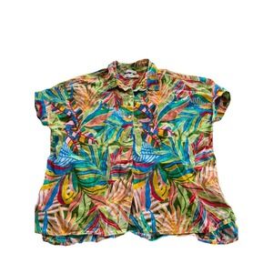 C&C California 100% Linen Top Button Down Hawaiian Floral Brightly Colored Large